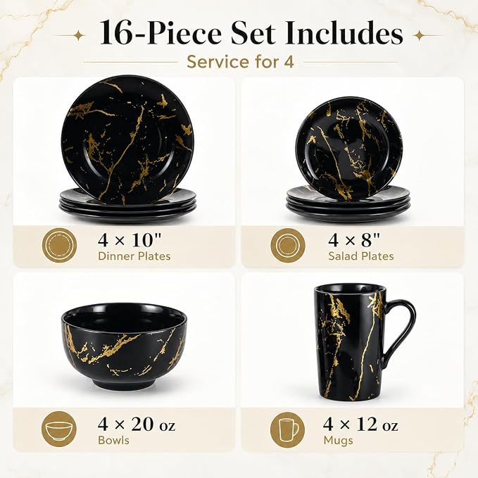 Black and Gold Dinnerware Set 16-Piece – Marble Finish Porcelain Plates and Bowls Sets for 4, Modern Gold Dish Set for Family or Housewarming