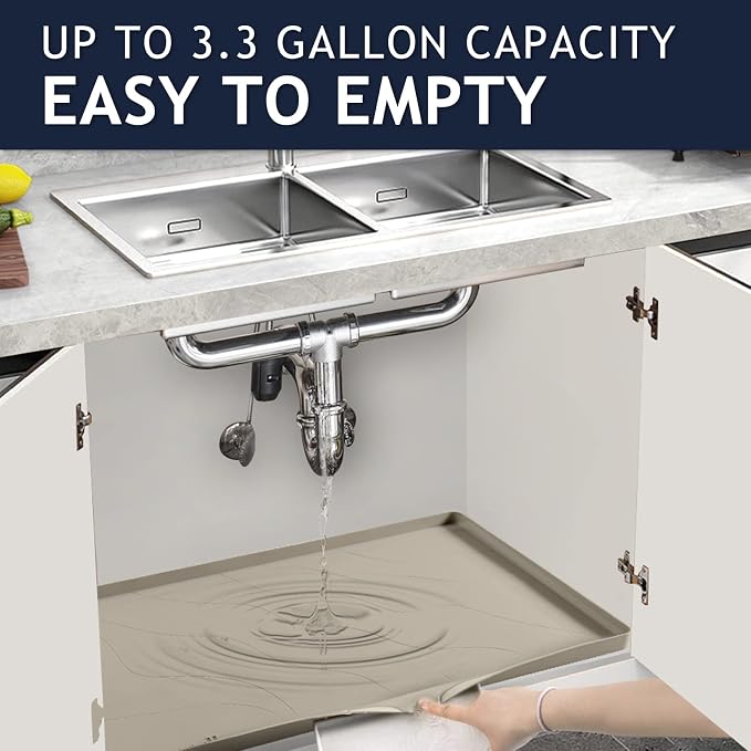 Heavy Duty Silicone Under Sink Mats for Kitchen Waterproof 31" x 22", Extra Thick Under Sink Rubber Mat Drip Tray, Raised Edge Under Sink Liner,Prevent Drips, Leaks, Spills,Brown