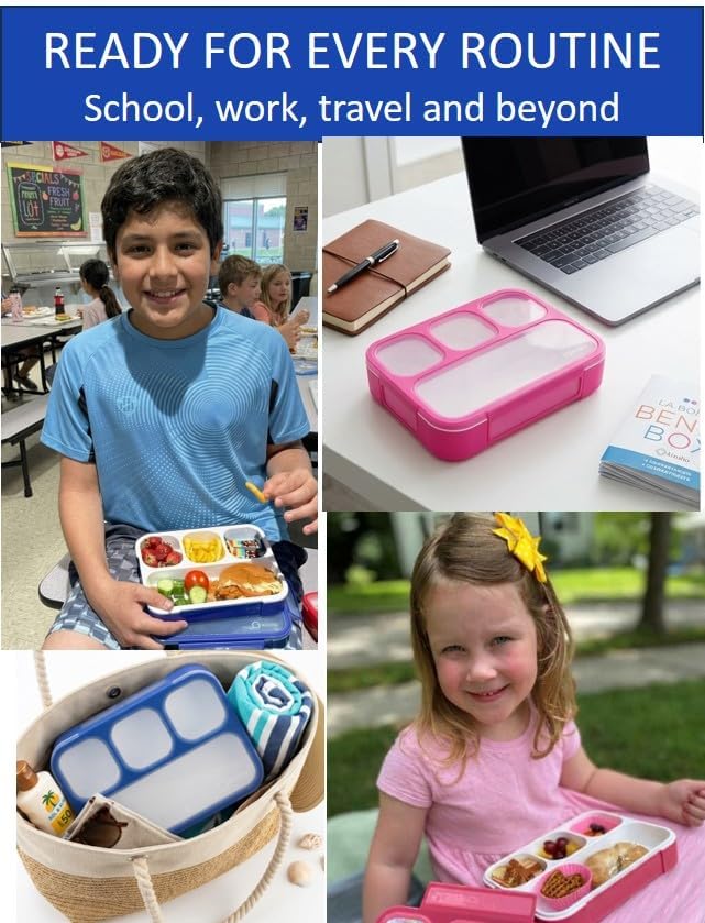 kinsho Bento Lunch Box for Kids Adults, 4 Sealed Divided Compartments, Portion Control Meal or Snack Containers for Boys Girls Women Men, School Work BPA Free with Utensils, Blue + Rose Pink 2 Pack