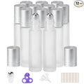 PrettyCare 12 Pack, 10 ml Essential Oil Roller Bottles with Stainless Steel Roller Ball - Refillable Leak-proof Empty Thick Frosted Glass Roll on Bottles with Silver Caps for Travel, Perfume