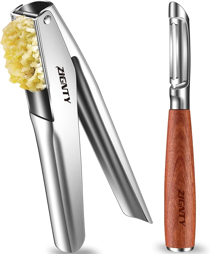 Premium Kitchen Tool Kit, Stainless Steel Garlic Press + Ultra Sharp I Shaped Wooden Peeler, Heavy Duty Ergonomic Handle, 5-year Warranty