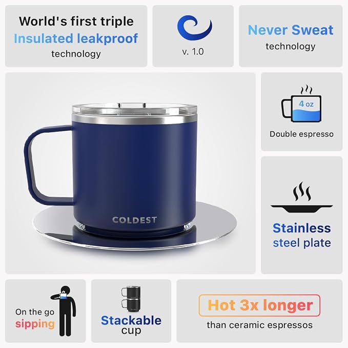 Stackable Insulated Espresso Cup with Saucer by Coldest - Insulated Triple Wall Travel Stainless Steel Travel Double Shot Espresso Coffee Mug with Sliding Lid (4 oz, Dark Blue)