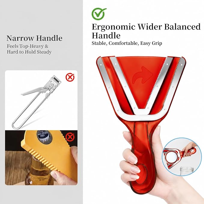 Jar Opener for Weak Hands & Seniors with Arthritis, Easy Twist-Off Lid & Bottle Opener, Ergonomic Handle with Stainless Steel Teeth, Practical Kitchen Gift for Elderly, Women & Men (0.2–5.3 in, Red)