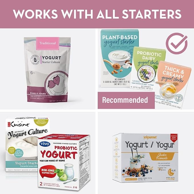 Stainless Steel Yogurt Maker with 1 Quart Glass Jar and Complete Recipe Book to Make 12+ Easy Homemade Dairy Free and Milk Yogurts