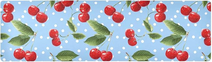 2 in 1 Table Runner Trivet for Hot Pots and Pans Heat Resistant Non Slip Waterproof 39 x 12 Inch Decorative Table Protector for Kitchen Countertop Light Blue Dots Red Cherry