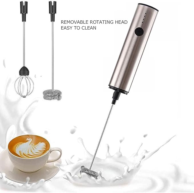 Stainless Steel Electric Milk Frother Handheld USB Charging Mini Milk Mixer - Silent Operation, Detachable Head, Portable Design for Coffee and Kitchen Use