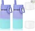 Volhoply 14oz KIds Water Bottle with Straw Lid and Silicone Boot Bulk 2 Pack,Stainless Steel Insulated Bottles for Boys & Girls Multipack, Double Wall Vacuum Leakproof Bottles(Purple Blue,2)