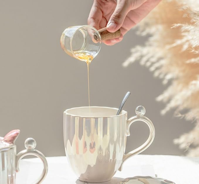Pearl Ceramic Coffee Mug for Tea Latte Milk Cute Love Shape Cup for Home Office Women Gift 6.5 oz (Shell Blue, 420 ml)