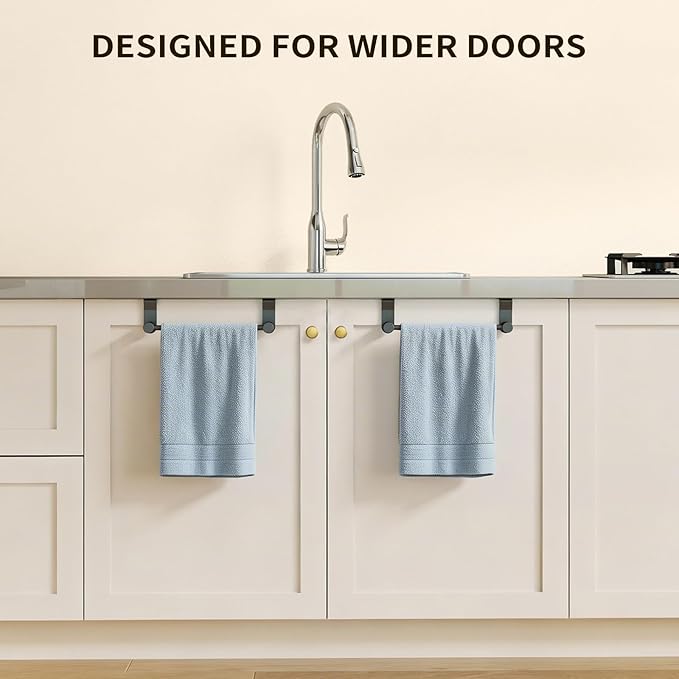 YUMORE Over the Cabinet Towel Holder for Wide Doors, 2-Pack Matte Black Dish Towel Rack for Kitchen & Bathroom
