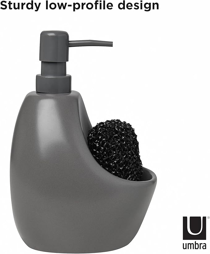 Umbra Joey, Matte Ceramic Liquid Soap Dispenser with Sponge Caddy, Ideal for Kitchen or Bathroom Use, Charcoal