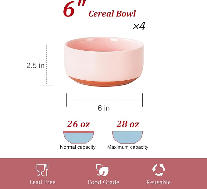 28 OZ Ceramic Cereal Bowls Set, 6 Inch, Set of 4, Elegant Pink | Handcrafted, Dishwasher & Microwave Safe, Stoneware Deep Soup Bowls for Everyday Use