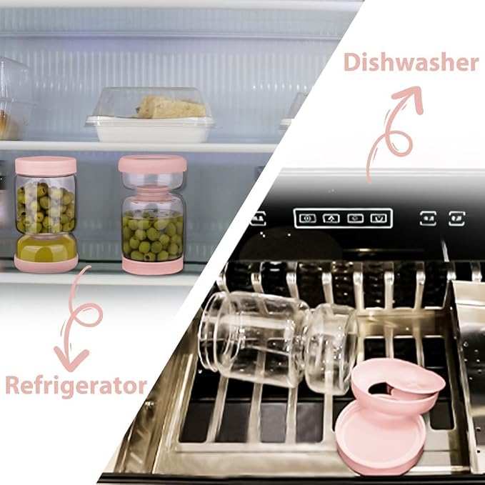 Homnoble Pickle and Olive Hourglass Jar with Strainer Flip for Juice Separator from Wet and Dry, Upgrade Food-grade ABS Lid and BPA Free Hourglass Pickle Jar for Airtight Food Storage, Pink