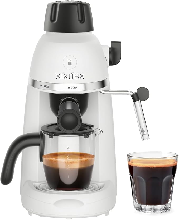 XIXUBX Coffee Machine, 3.5 Bar Espresso & Cappuccino Machine with Steam Wand, Compact Design Coffee Maker for Latte, Safety Lock & Tritan Cups, 800w, White