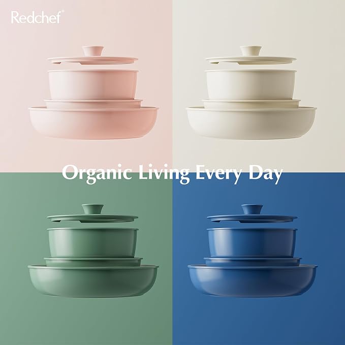 Redchef Ceramic Pots and Pans, Nonstick Kitchen Cookware, Non Toxic Pots and Pans Non Stick, PFAS PFOA & PTFE Free, Detachable Handle 10 Piece Set (Beige+Blue), RV Cookware