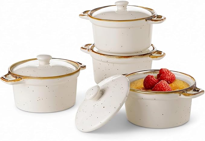ONEMORE Mini Cocotte Set of 4, 6 oz Ceramic Ramekins with Lids and Handles, Small Casserole Dishes for Oven, Mini Dutch Oven for French Onion Soup, Souffle and Baking, Microwave & Dishwasher Safe, Creamy White