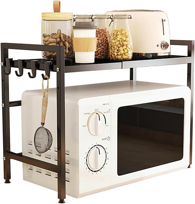 Expandable Microwave Stand Countertop, Heavy Duty Over Microwave Shelf Countertop, 2 Tier Carbon Steel Microwave Oven Rack Shelf for Kitchen with 4 Hooks,Holds 132lb,Height Adjustable,Black