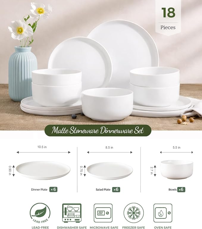 LERATIO Stoneware Dinnerware Sets for 6,Handcarft Ceramic Plates and Bowls Sets,Chip and Scratch Resistant Dishes, Dishwasher & Microwave Safe, Oven safe,Reactive Glaze-White