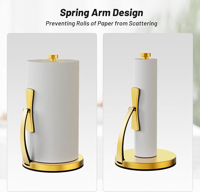 VEHHE Gold Paper Towel Holder Countertop, One-Handed Tear, Stainless Steel, Stand Paper Towel Holder with Spring Activated Arm & Non Slip Weighted Base, for Kitchen Bathroom