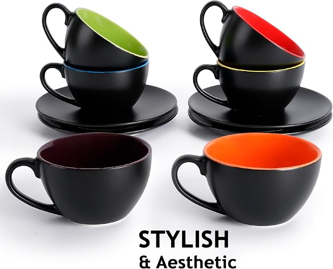 MIAMIO - Set of 6, Ceramic Stackable Cappuccino Cups Set / 6 Ounce Cappuccino Mugs and Saucer with Metal Stand for Coffee Drinks, Cafe, Latte, Americano and Tea - Le Papillon Collection (Mixed)