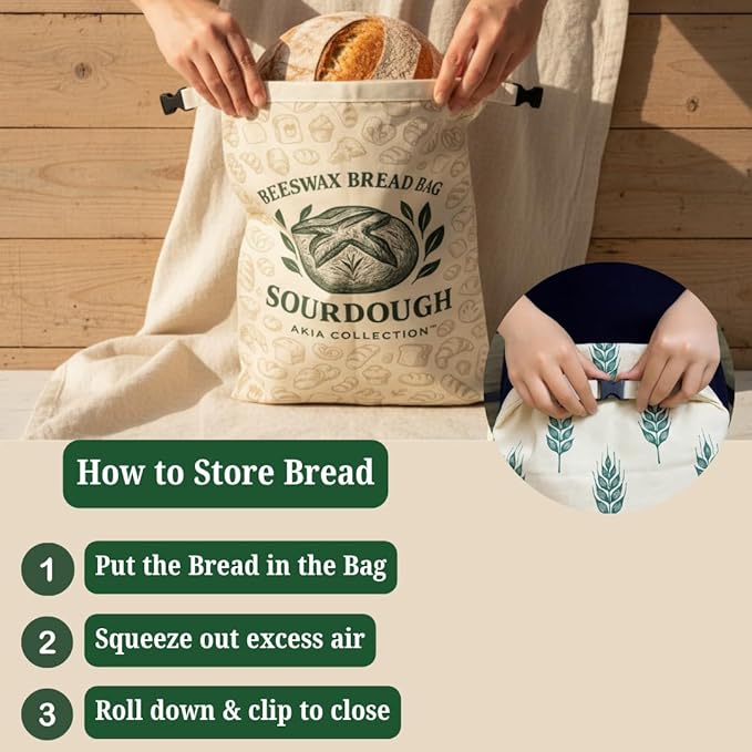 Reusable Beeswax Bread Bags for Homemade Bread & Sourdough (2 Bags + 1 Beeswax Bowl Cover) - XL Waxed Cotton Sourdough Bread Bags, Natural Food-Safe Storage, Keeps Loaves Fresh Longer, Zero Waste