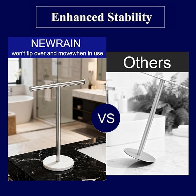 Hand Towel Holder, NEWRAIN Countertop Hand Towel Holder Stand, Stainless Steel Free Standing Hand Towel Rack with Heavy Base, for Bathroom Kitchen & Counter top, Brushed Nickel