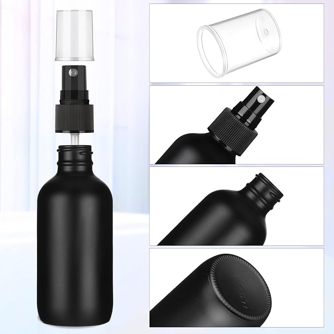 Yungyan 100 Pcs 4 oz Mini Glass Spray Bottles Empty Small Essential Oil Bottles Fine Mist with 3 Funnel 5 Dropper Cleaning Brush for Hair Travel Plants Perfumes(Black)