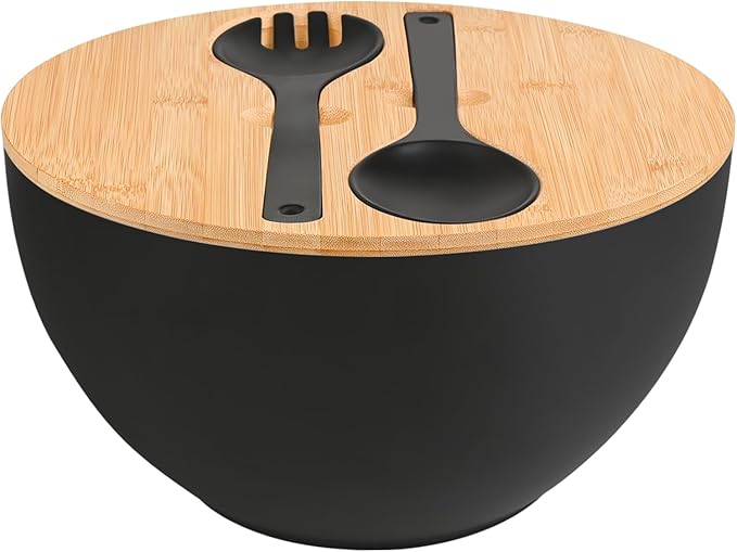 LOVYANXUE Salad Bowl with Lid, 12" Extra Large Bamboo Fiber Salad Bowl with Servers Set for Kitchen, Nature Bamboo Mixing and Serving Bowl with Lid, Spoon and Fork for Fruits,Salads and Vegetables