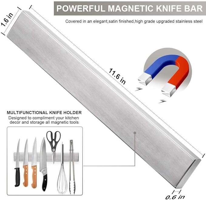 Ninonly 12 Inch Magnetic Knife Strip, Premium Stainless Steel Wall Mounted Kitchen Knives Bar,Space-Saving Powerful No Drilling Magnetic Knife Rack for Home Kitchen Utensil Holder & Tool Holder