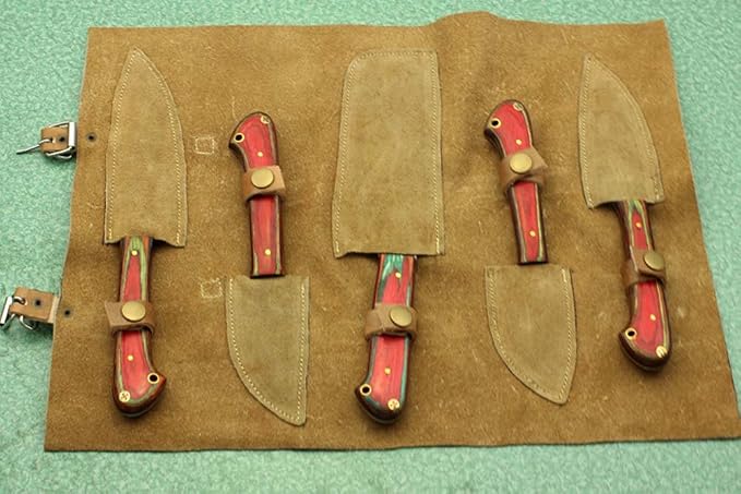 Custom Made Hand Forged Damascus Steel Full Tang Blade Kitchen Knife Set, Overall 40 inches Length of Damascus Sharp Knives (10.6+9.6+9.0+8.0+7.6) Inches, Leather Suede Sheath (2 Tone Green)