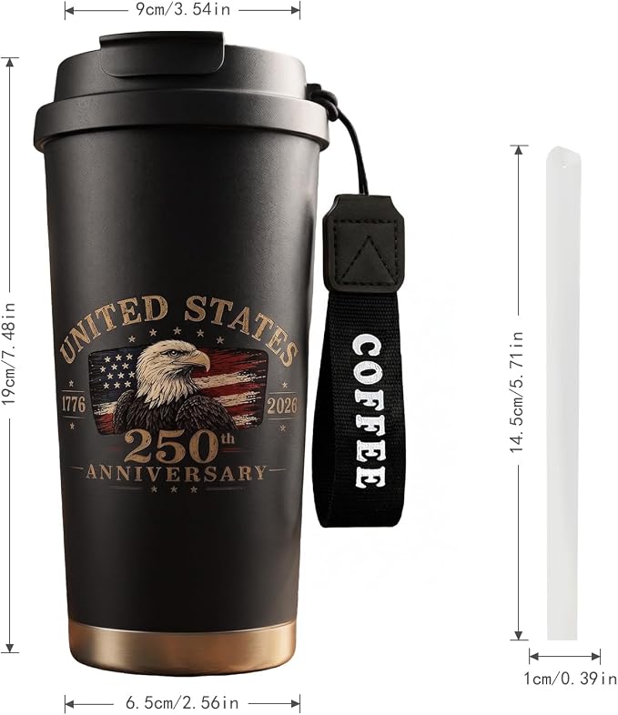 250th Anniversary Coffee Mug, 18 oz Stainless Steel Insulated Tumbler, Vintage Patriotic Design 1776-2026, Fathers Day Birthday Gift Dad From, Military Veteran Retirement Commemorative Gift, Black