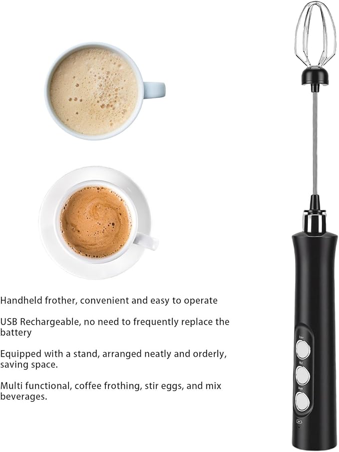 Handheld Milk Frother, Rechargeable Electric Whisk with 1200mAh Battery and Stand, for Coffee Latte Cappuccino Hot Chocolate Egg Mixing