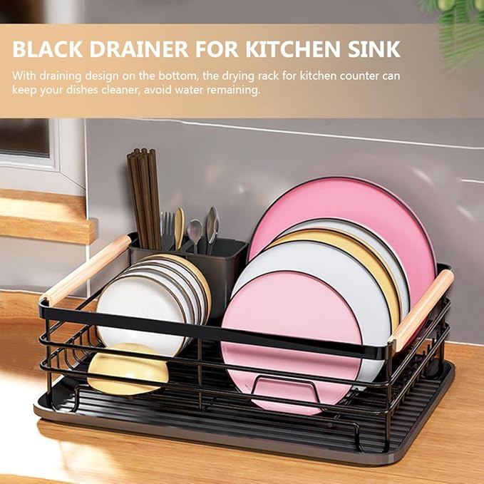 Lurrose Dish Drying Rack for Kitchen Sink Countertop Plate Rack Iron Material Black Small Size Utensil Holder Over Sink Organizer Suitable for Home Kitchen Storage