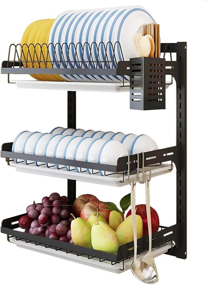 Wall Mounted Dish Drying Rack, 3 Tier Hanging Dish Rack Drainer, Wall Mount Kitchen Plate Organizer Storage Shelf with Drain Tray and 3 Hook, Stainless Steel, Black, Large, Ajustable Height (21.8")