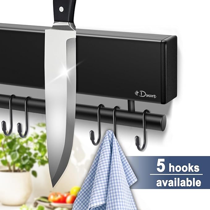 Dmore magnetic knife holder for wall—with 5 hooks, No Drilling 12 Inch black knife magnetic strip, Extra Strong Magnet knife rack, include Adhesive Tape and screws for Knives and Tools