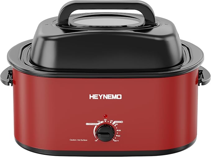 30 Quart Large Turkey Roaster with Defrost & Warm Functions, Electric Roaster Oven with Visible Self-Basting Lid, Adjustable Temperature Control, Removable Pan & Rack, Stainless Steel, Red