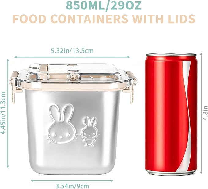 4 Pack Stainless Steel Food Containers with Handle Lids, 850ml 29oz 100% Leakproof Stackable Lunch Box Set, Reusable Metal Snack Containers with Rabbit Print, Food-grade, Dishwasher Safe