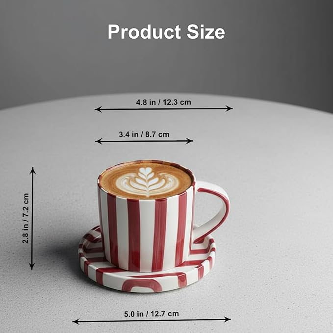 Festive Red and White Striped Ceramic Coffee Mug and Saucer Set, 200ml Latte & Tea Cup Gift for Holidays (Black)