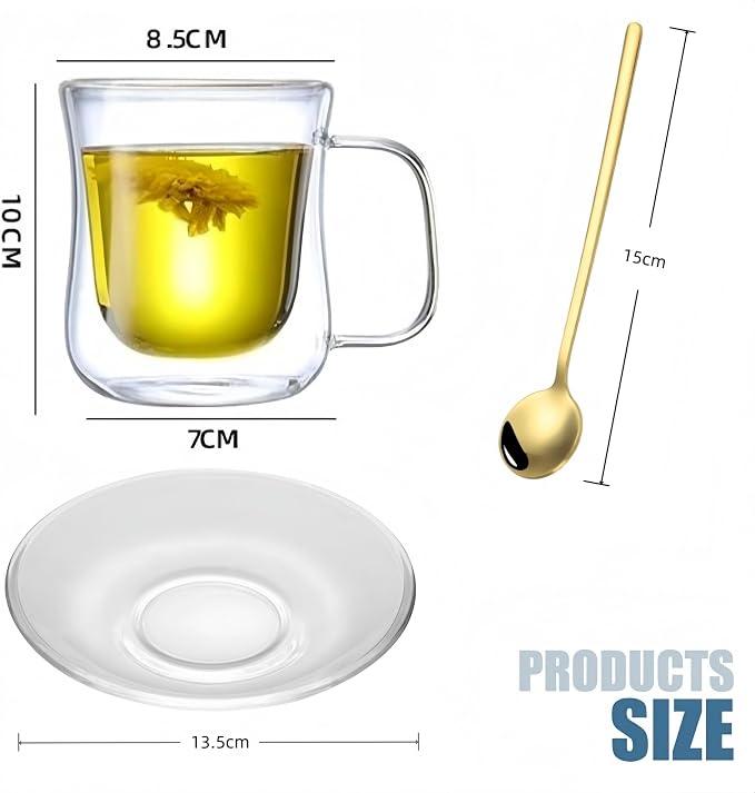Double Wall Glass Teacups and Coffee Mugs Set, Clear, 8.5oz, 2 Pack | Waisted Style Tumblers With Saucer and Spoon, For Cappuccino, Latte, Hot and Cold Drinks