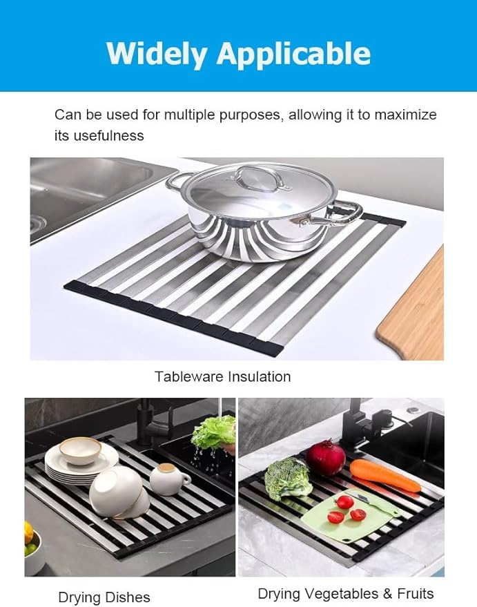 35/38/40/42/45/50/55/60 CM Collapsible 304 Stainless Steel Over Sink Roll up Dish Drying Rack, Foldable Heat-Resistant Dishes Drainer(L 42cm/16.5in)