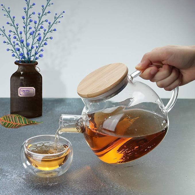 CNGLASS 30.4oz Glass Teapot Stovetop Safe and 5.1oz(4-pack) Glass Teacups