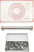 Rolling Pin with Adjustable Thickness Rings & Silicone Baking Pastry Mat Set, Stainless Steel Dough Roller, Rolling Pins with 30PCS Cookie Cutters, for Baking Fondant Pizza, Pie Crust