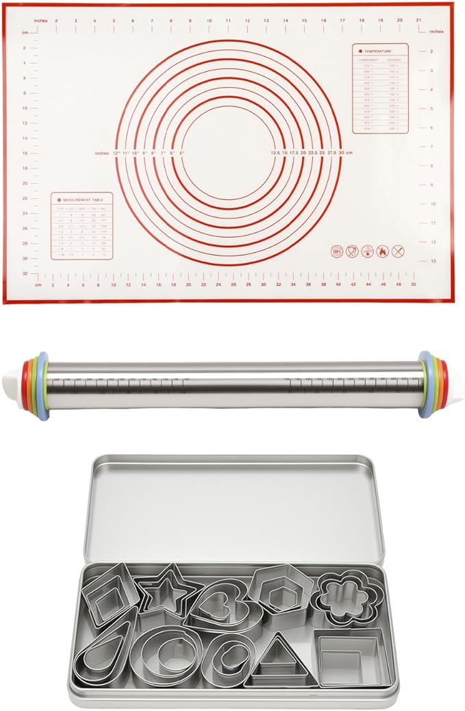 Rolling Pin with Adjustable Thickness Rings & Silicone Baking Pastry Mat Set, Stainless Steel Dough Roller, Rolling Pins with 30PCS Cookie Cutters, for Baking Fondant Pizza, Pie Crust