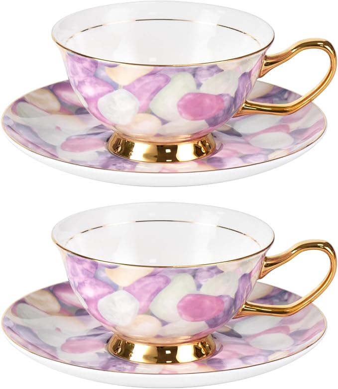 KAMMAK Tea Cups and Saucers Set of 2, Porcelain Coffee Cups, Stackable Espresso Mugs, Ceramic Demitasse for Coffee, Cappuccino, Latte, Americano, Tea, Pebble
