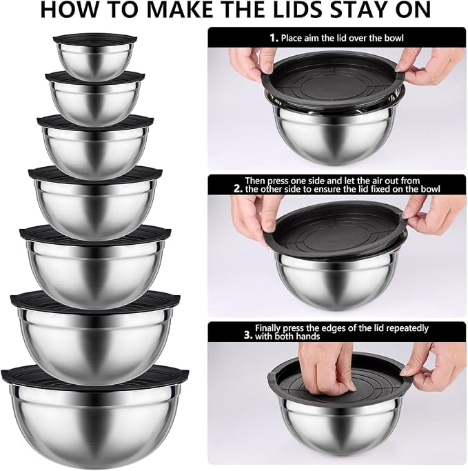Leidawn Mixing Bowls with Lids set - 25 PCS Stainless Steel Nesting Black Mixing Bowls Set for Baking, Mixing, Serving & Prepping, Size 5, 3.7, 2.8, 2.3, 1.7, 1.1, 0.7QT, 11 Cooking
