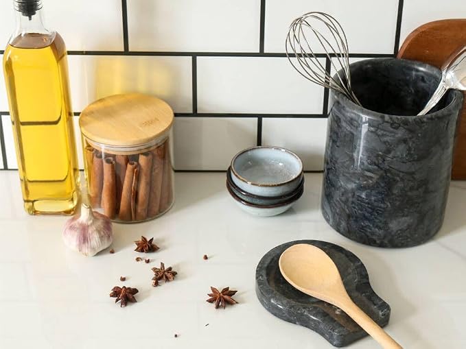 HillSpring Marble Spoon Rest for Kitchen, Black Utensil Rest for Stove Top, Coffee Station, 1 Pack + Black Marble Kitchen Utensil Holder, 1 Pack Weighted Utensil Organizer Crock for Countertop