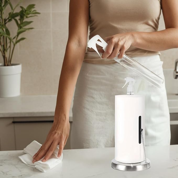 Paper Towel Holder with Spray Bottle,Heavy-Duty Countertop Kitchen Paper Towel Holder,Stainless Steel One-Handed Tear Kitchen Towel Dispenser for Countertop (Silver)