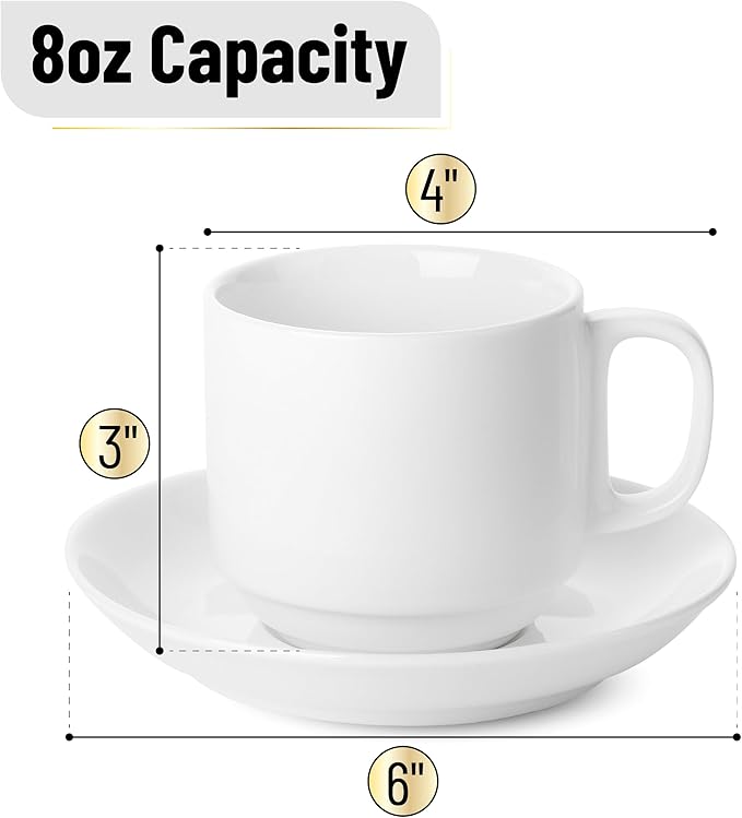 BTaT- Stackable Tea Cups and Saucers, White, Set of 6 (8 oz), Cappuccino Cups, British Coffee Cups, Porcelain Tea Set
