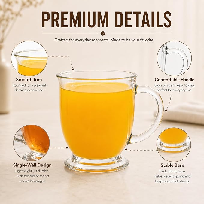 6 Pack Glass Coffee Mugs with 6 Spoons, 15 OZ Clear Drinking Glasses with Handle, Large Espresso Cup, Hot Cold Beverage Glassware Set for Water, Tea, Cappuccino, Latte, Juice, Cocoa, Milk