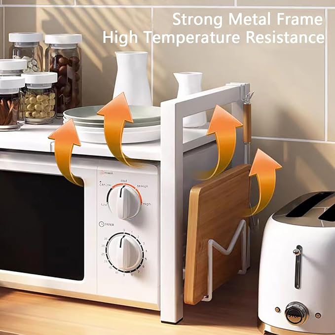 2-Tier Expandable Microwave Stand, Extendable Microwave Oven Rack with Storage Shelf Heavy Duty with 6 Hooks and Chopsticks Cutting Board Tools Holder for Kitchen(15.7~24.8" L)