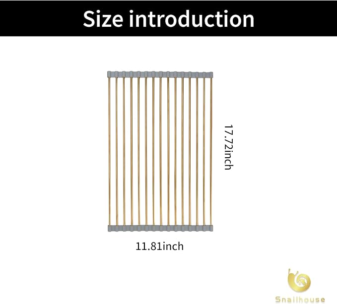 Snailhouse Roll Up Dish Drying Rack, Stainless Steel Dish Drainer Over The Sink with Anti-Slip Silicone for Kitchen Counter, Gold (17.8 x 11.8 in)